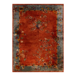 1920s Burnt Orange Floral Antique Chinese Art Deco Carpet 8' 9" X 11' 3" Knotted Wool Rug For Sale
