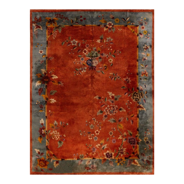 1920s Burnt Orange Floral Antique Chinese Art Deco Carpet 8' 9" X 11' 3" Knotted Wool Rug For Sale