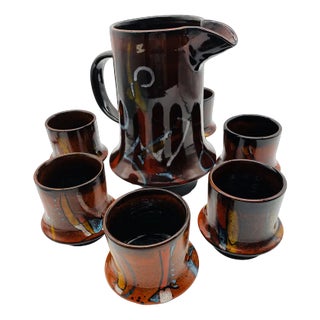 Glazed Ceramic Glass and Jug Set from Amaranto, 1960s, Set of 7 For Sale
