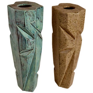 Pottery Vases in Blue and Beige Glaze, Set of 2 For Sale