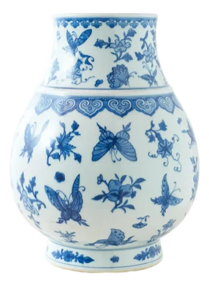 Blue and White Globular Vase with Butterflies and Floral Motifs