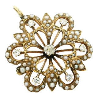 Late 19th Century Victorian 14k Gold Diamond and Seed Pearl Convertible Pendant Brooch For Sale