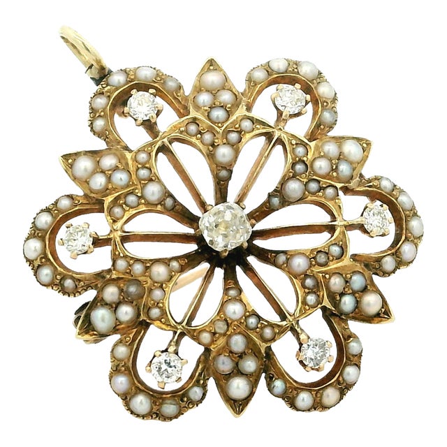 Late 19th Century Victorian 14k Gold Diamond and Seed Pearl Convertible Pendant Brooch For Sale