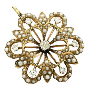 Late 19th Century Victorian 14k Gold Diamond and Seed Pearl Convertible Pendant Brooch
