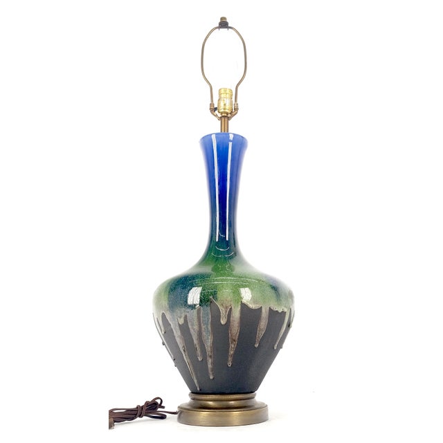 Blue Green Black Drip Glaze Italian Pottery Ceramic Onion Shape Table Lamp MINT! For Sale - Image 10 of 11