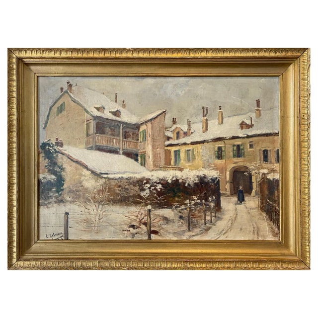 Christian Axtmann, Snowy Farm in Switzerland, Oil on Canvas, 1918, Framed For Sale