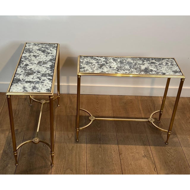 1940s 1940s Pair of brass side tables with oxidized mirror tops by Maison Baguès For Sale - Image 5 of 12