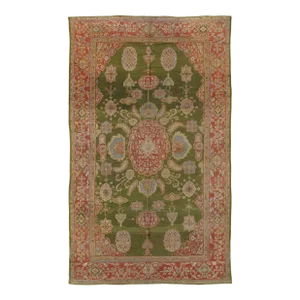 Antique Persian Sultanabad Green, Coral-Red, Light Blue, Gold & Ivory Rug