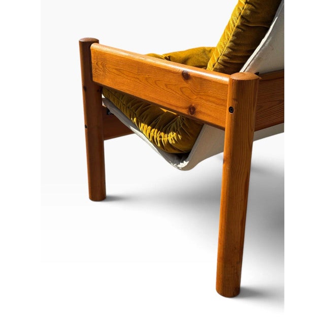 Danish Modern Solid Pine Lounge Armchair | New Canvas Sling & Mustard Velvet Cushion | C. 1970s For Sale - Image 10 of 11