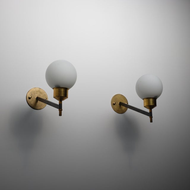 Mid-Century Modern Italian Wall Sconces in Brass, Black Steel and Opaline Glass, 1950s, Set of 2 For Sale - Image 3 of 10
