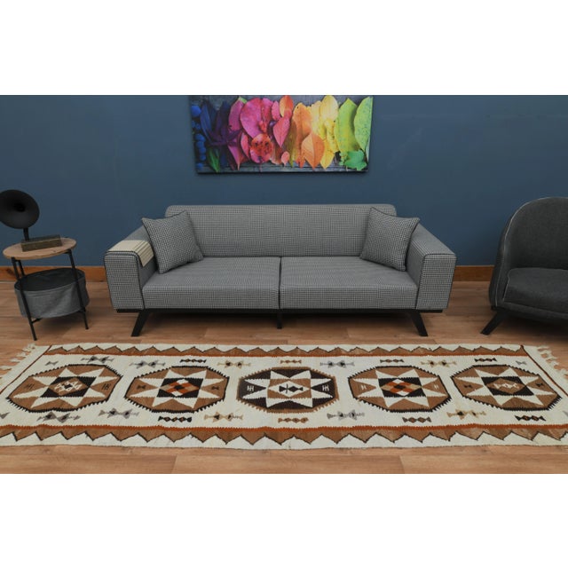 Mid-Century Modern 1970s Vintage Turkish Oushak Handmade Wool Cotton Beige Runner Rug For Sale - Image 3 of 11