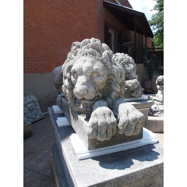 Pair of Large Carved Stone Lions on Pedestals, “The Sleeping and the Vigilant” For Sale - Image 4 of 12
