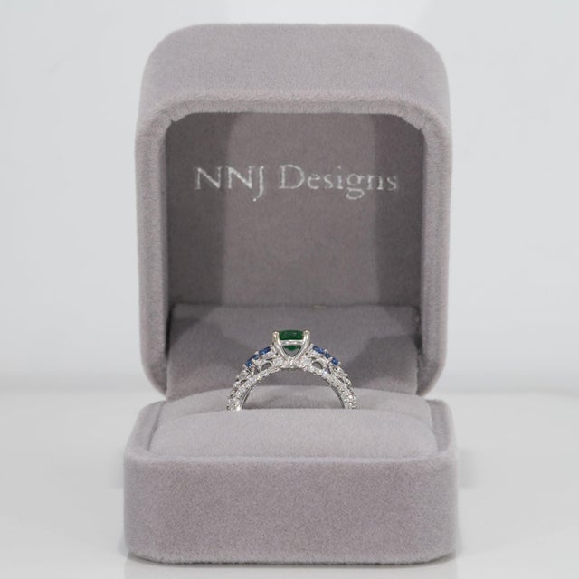 Zambian Emerald Ring With Natural Diamonds & Blue Sapphires: Solid 14k Gold, Size 6.75 For Sale - Image 4 of 9