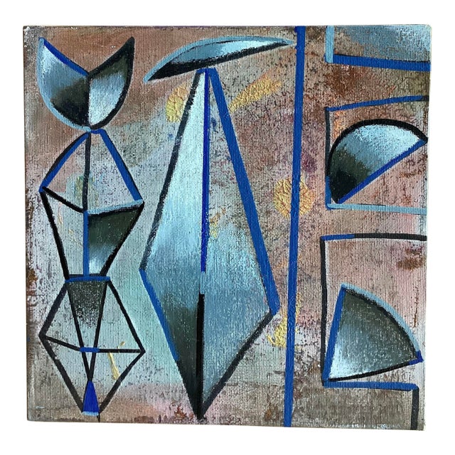 Mid Century Modern Abstract Painting Blue Teal Orange Geometric Wall Art Original 8x8 For Sale