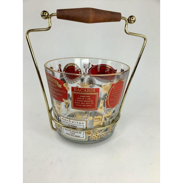 1960s Mid-Century Glass Ice Bucket With Cocktail Recipes in Metal Carrier For Sale - Image 5 of 5