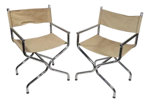 Pr. Mid Century Crome Directors Chairs With Canvas Sling Seats and Backs C. 1960/70's