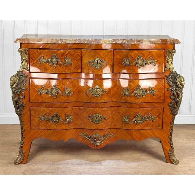 Rococo Vintage French Louis XV Marble Top Bombe Commode Dresser Chest of Drawers For Sale - Image 3 of 16