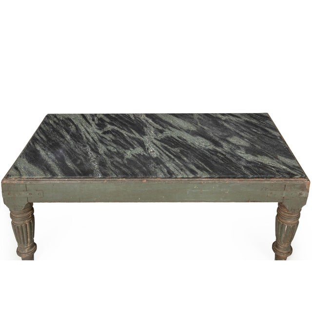 Wood English Regency William IV Teal Painted Marble Top Low Coffee Table Ca. 1840 For Sale - Image 7 of 18