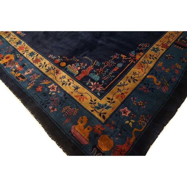 1920s Antique Chinese Art Deco Wool Floral Manchester Blue Hand Knotted Rug For Sale - Image 4 of 9