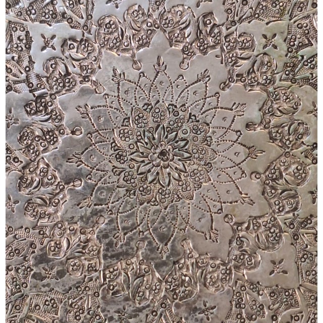 1970s Vintage Ornate Silver-Plated Round Serving Tray With Scalloped Edge For Sale - Image 5 of 5