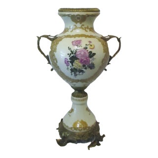 1940s Hand-Painted Porcelain & Gilded Bronze Rococo Style Trophy Vase For Sale