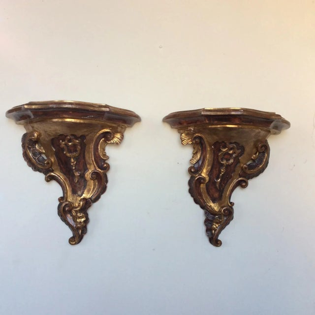 Rococo 18th Century Style Gold & Brown Giltwoood Brackets - a Pair For Sale - Image 3 of 11