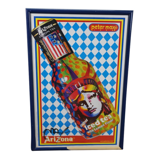1998 Peter Max Arizona Iced Tea Liberty Bottle Poster Signed Rare Framed 38" For Sale
