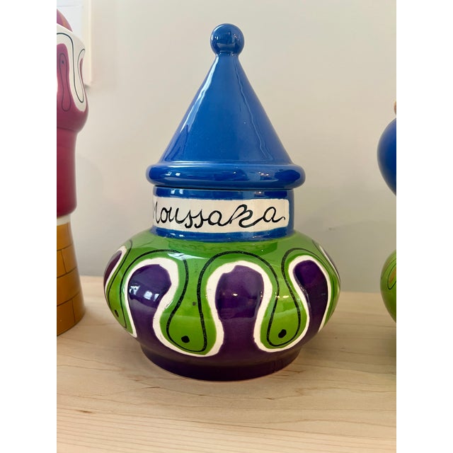 1970s Alvino Bagni for Raymor ceramic canister set featuring bold hand-painted designs and vibrant colors. Often referred...