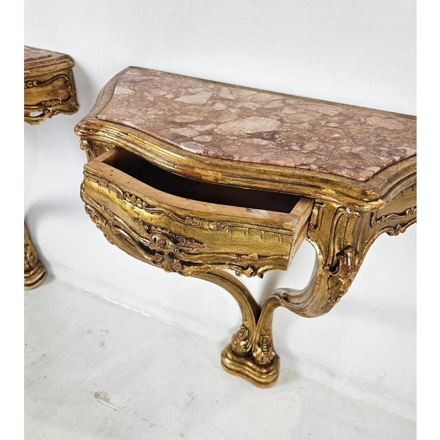 Wood Venetian Rococo Console Nightstands with Rosso Verona Marble, 1930s, Set of 2 For Sale - Image 7 of 15