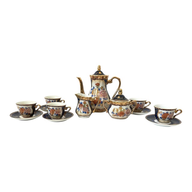 Vintage Satsuma Moriage Blue & Gold Floral Tea Set. 15 Piece Set For Sale