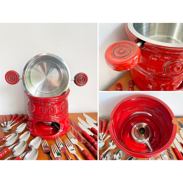 Vintage Tirol Cutlery Set and Fondue Pot in Red Ceramic and Stainless Steel, 1970s, Set of 24 For Sale - Image 10 of 13