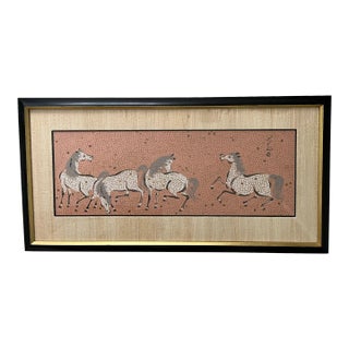 Vintage Mosaic Style Asian Block Silkscreen Serigraph Print of Horses For Sale