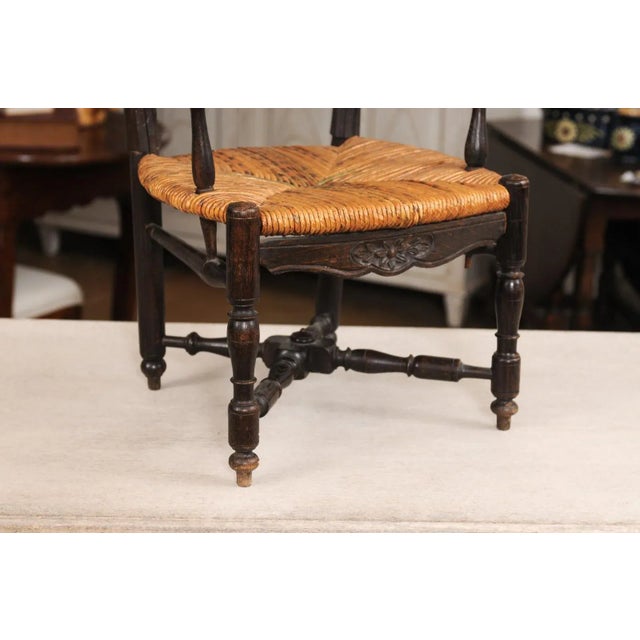 Brown French Rustic Dark Oak 19th Century Child's Chair with Ladder Back and Rush Seat For Sale - Image 8 of 12