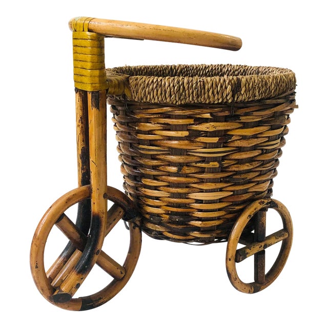 Vintage Rattan Bicycle Plant Basket For Sale