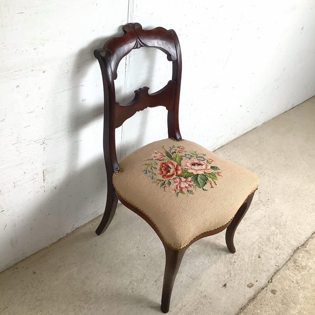 English Vintage Chippendale Style Side Chair With Floral Needlepoint Seat For Sale - Image 3 of 12