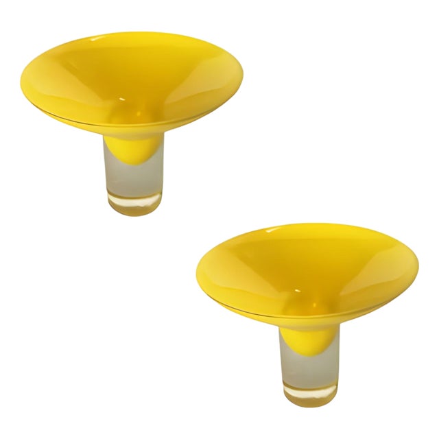 Mid 20th Century Pair of Yellow Murano Glass Stem Dish Candlestick Holders, Pair For Sale