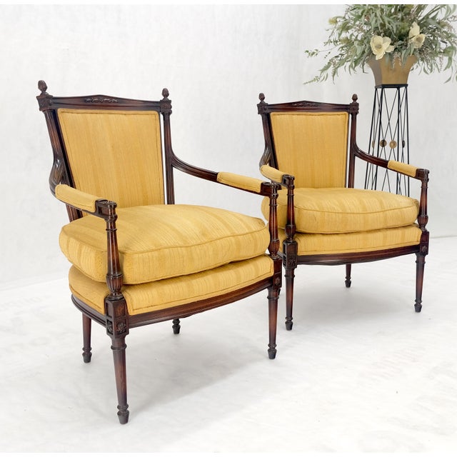 Wood Pair Gold Silk Upholstery Fine Carved Acorn Finials Lounge Fireside Chairs MINT! For Sale - Image 7 of 16