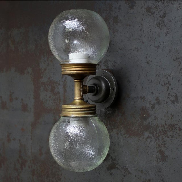 Vintage Double Sconce in Cast Iron, Frosted Glass, and Brass For Sale - Image 6 of 10