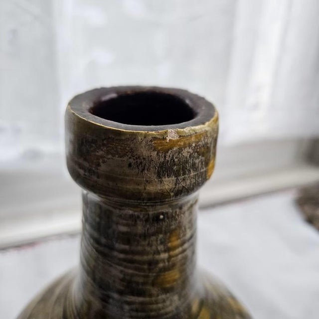 Vintage Early Mid-Century Signed Studio Pottery Vase Bottle MCM Green Yellow Glazed 7.5" Tall For Sale In Denver - Image 6 of 6