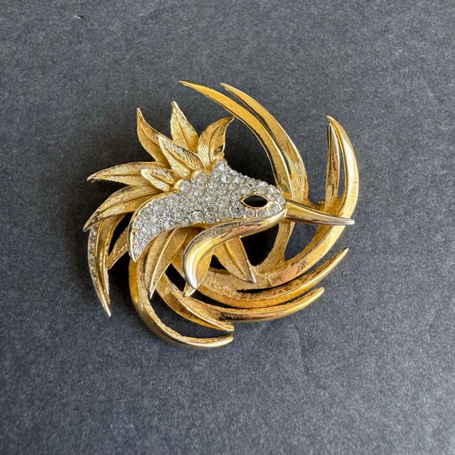 Gold Vintage Bird of Paradise Brooch Attributed to Marcel Boucher Gold Tone Rhinestone Phoenix Pin For Sale - Image 8 of 8