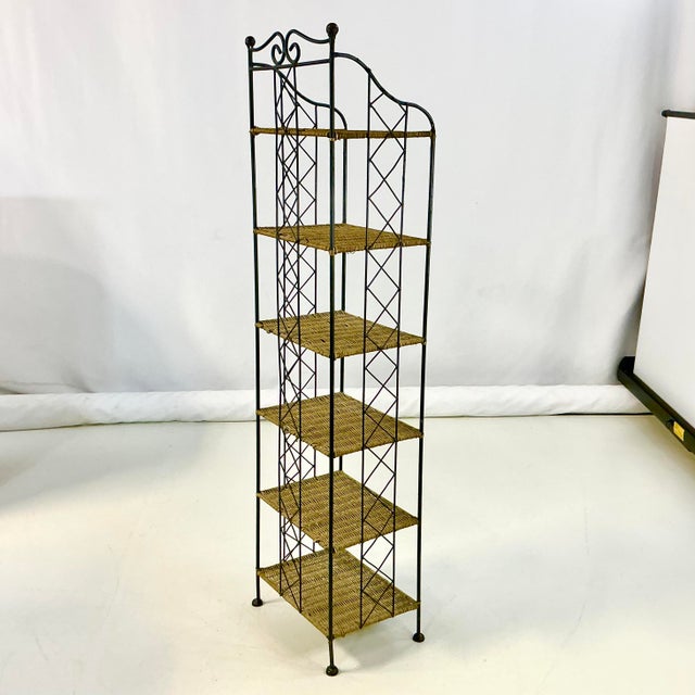 Mid-Century Boho Chic Arts & Crafts Metal and Wicker Slim Bookcase, 6 Tier For Sale - Image 15 of 18