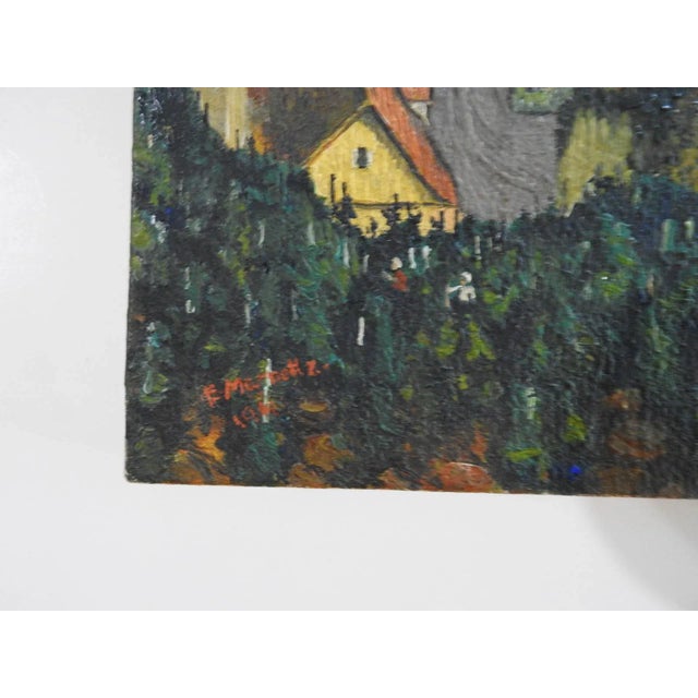 Early 20th century oil on canvas painting of a coastal cityscape with castle. Signed illegibly lower left. Unframed, edge...