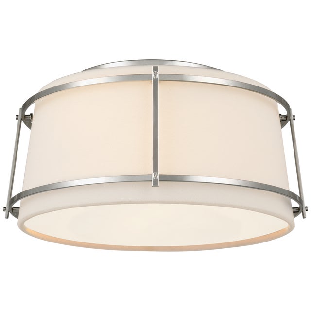 Transitional Carrier & Company for Visual Comfort Signature Callaway Small Flush Mount in Polished Nickel with Linen Shade & Frosted Acrylic Diffuser For Sale - Image 3 of 4