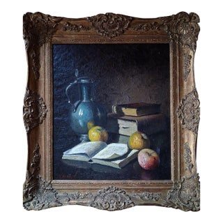 Vintage 20th Century J. Cordain Still Life Oil Painting With Pewter Jug and Books For Sale