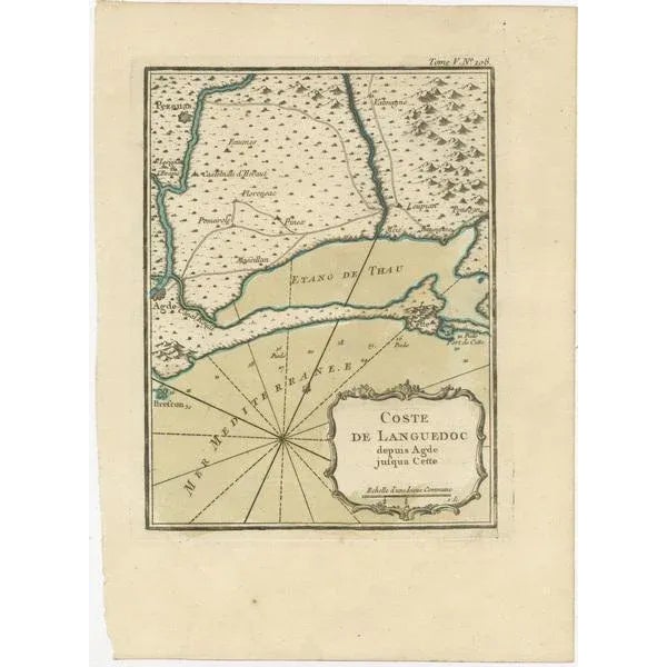 Antique map titled 'Coste de Languedoc depuis Agde jusqu'a Cette'. Original map of the Languedoc coast between Agde and...