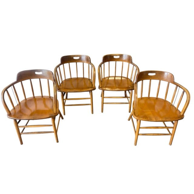 Mid 20th Century Mid Century Firehouse Style Bankers Chairs, a Set of Four, Dining Chairs, Vintage, Oak For Sale - Image 5 of 12