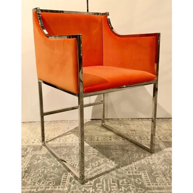 Stylish Modern orange velvet occasional chair, chrome frame, showroom floor sample