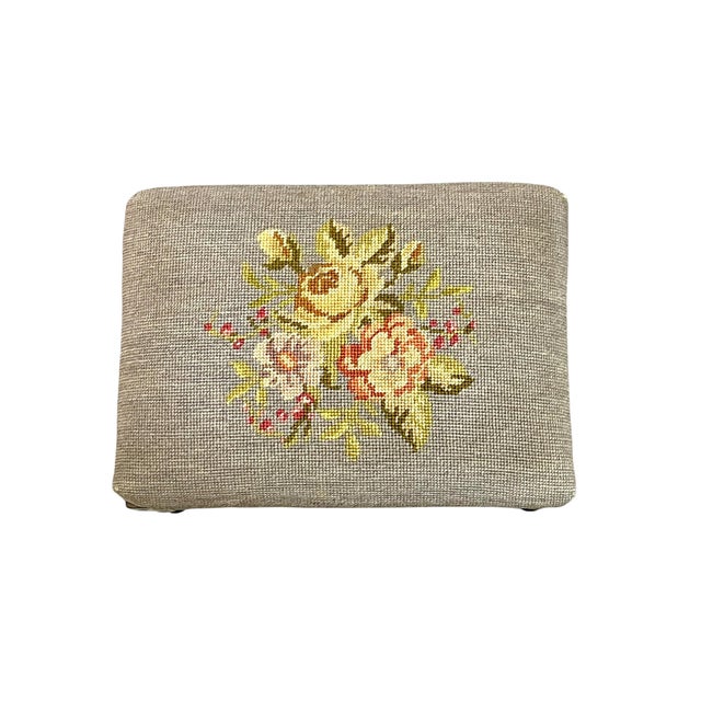 Vintage French Louis XVI Style Petite Needlepoint Footstool With Carved Legs For Sale - Image 9 of 11