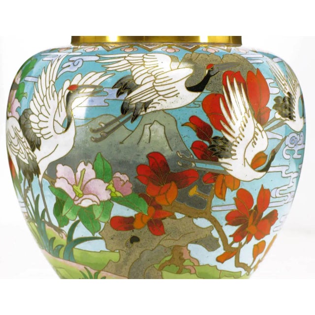 Green Colorful Chinese Jingfa Cloisonné Vases With Carved Mahogany Bases - a Pair For Sale - Image 8 of 11