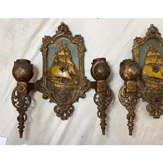 Antique Lincoln Spanish Galleon Electric Wall Sconces Fixtures Ship - a Pair For Sale In New York - Image 6 of 11